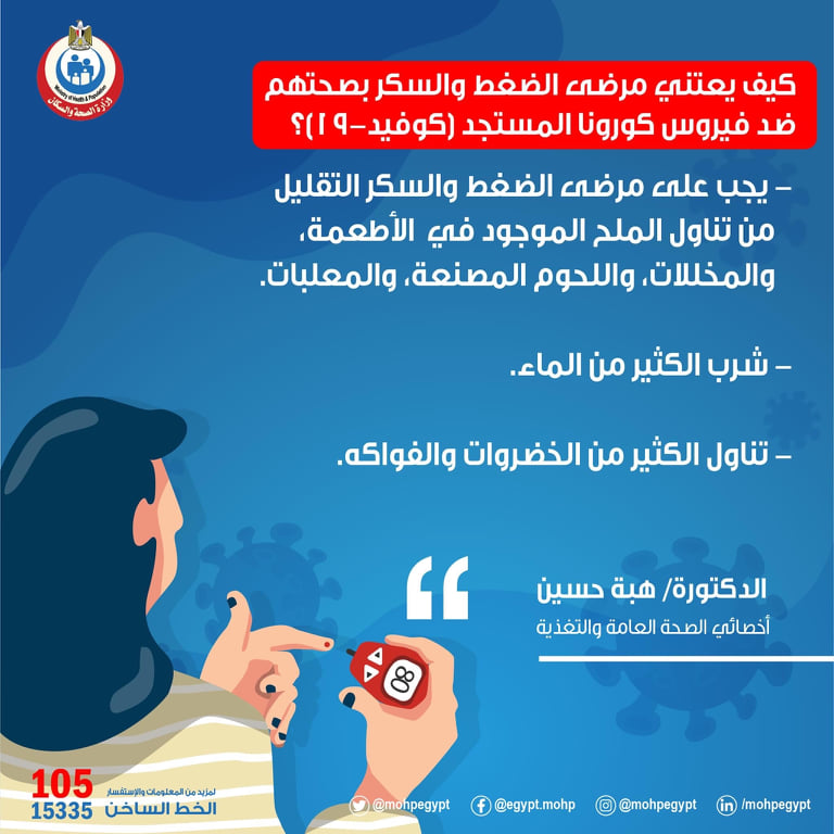 ماهى طرق عناية مريض السكر والضغط بصحته للحماية من عدوى الكورونا؟ الصحة ترد