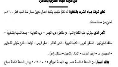 Photo of شركة مياه الشرب ..انقطاع المياه عن  14 منطقة بالقاهرة غدا