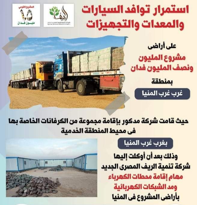صرحت شركة تنمية الريف المصري الجديد، والمسئولة عن تنفيذ وإدارة المشروع القومي لاستصلاح وتنمية ب أراضي 1.5 مليون  فدان ، عن بدء الخطوات التنفيذية لإقامة ٣ محطات لتوليد الكهرباء بأراضي "الريف المصري الجديد" في منطقة  غرب المنيا. وقامت الشركة بإسناد ،  مهام إقامة محطات الكهرباء الثلاثة، ومد شبكات الكهرباء بأراضي المشروع، لإحدى الشركات الوطنية (شركة مدكور) . وتم شحن وإقامة عدد من الكرفانات الخاصة بشركة مدكور ، داخل محيط المنطقة الخدمية بمنطقة  غرب المنيا، وذلك لإقامة فنييها وكوادرها وإدارة ومتابعة العمل . يهدف المشروع لتوفير الكهرباء بالمنطقة، في أفضل وأسرع صورة ممكنة، وبأقل تكلفة ممكنة للمستهلكين من منتفعي مشروع أراضي  1.5 مليون فدان بغرب المنيا.