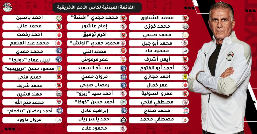 أعلن المدير الفني للمنتخب الوطني الأول لكرة القدم البرتغالي كارلوس كيروش ، قائمة منتخب"الفراعنة" المبدئية استعدادا للمشاركة في بطولة كأس الأمم الإفريقية المقرر إقامتها في الكاميرون خلال الفترة من 9 يناير وحتى 6 فبراير لعام 2022. وضمت القائمة التي اختارها كيروش 40 لاعبا، ومن المقرر أن يتم الإعلان عن القائمة النهائية التي ستشارك في البطولة القارية نهاية شهر ديسمبر الجاري. وشهدت قائمة منتخب مصر عودة محمود حسن "تريزيجيه" لاعب "أستون فيلا" الإنجليزي بعد تعافيه من الإصابة بقطع في الرباط الصليبي بالركبة.. كما تواجد محمود علاء مدافع الزمالك، ومحمد فتح الله مدافع فريق غزل المحلة.. بينما استمر غياب طارق حامد لاعب خط وسط الزمالك، وأحمد فتحي لاعب "بيراميدز". وجاءت قائمة منتخب مصر كالتالي: محمد الشناوى ومحمد فوزي ومحمد صبحي ومحمد أبو جبل ومحمود جاد وأيمن أشرف وأحمد فتوح وأحمد حجازي وعمر كمال وعمرو السولية ومصطفى فتحي ومحمد صلاح ومصطفى محمد ومحمد مجدي أفشة وإمام عاشور وأكرم توفيق ومحمود حمدي الونش ومحمد النني وعمر مرموش وعبد الله السعيد ومروان حمدي ورمضان صبحي وأحمد سيد زيزو وأحمد حسن كوكا وإبراهيم عادل وأحمد ياسر ريان ومحمود علاء وأحمد ياسين ومحمد هاني وأحمد رفعت ومحمد عبد المنعم ومحمد حمدي ونبيل عماد دونجا ومحمود حسن تريزيجيه وحمدي فتحي ومحمد شريف ومهند لاشين ومحمد فتح الله وأحمد رمضان بيكهام ومروان داوود. يذكر أن منتخب مصر يتواجد في المجموعة الرابعة لكأس الأمم الإفريقية إلى جانب منتخبات نيجيريا وغينيا بيساو والسودان.