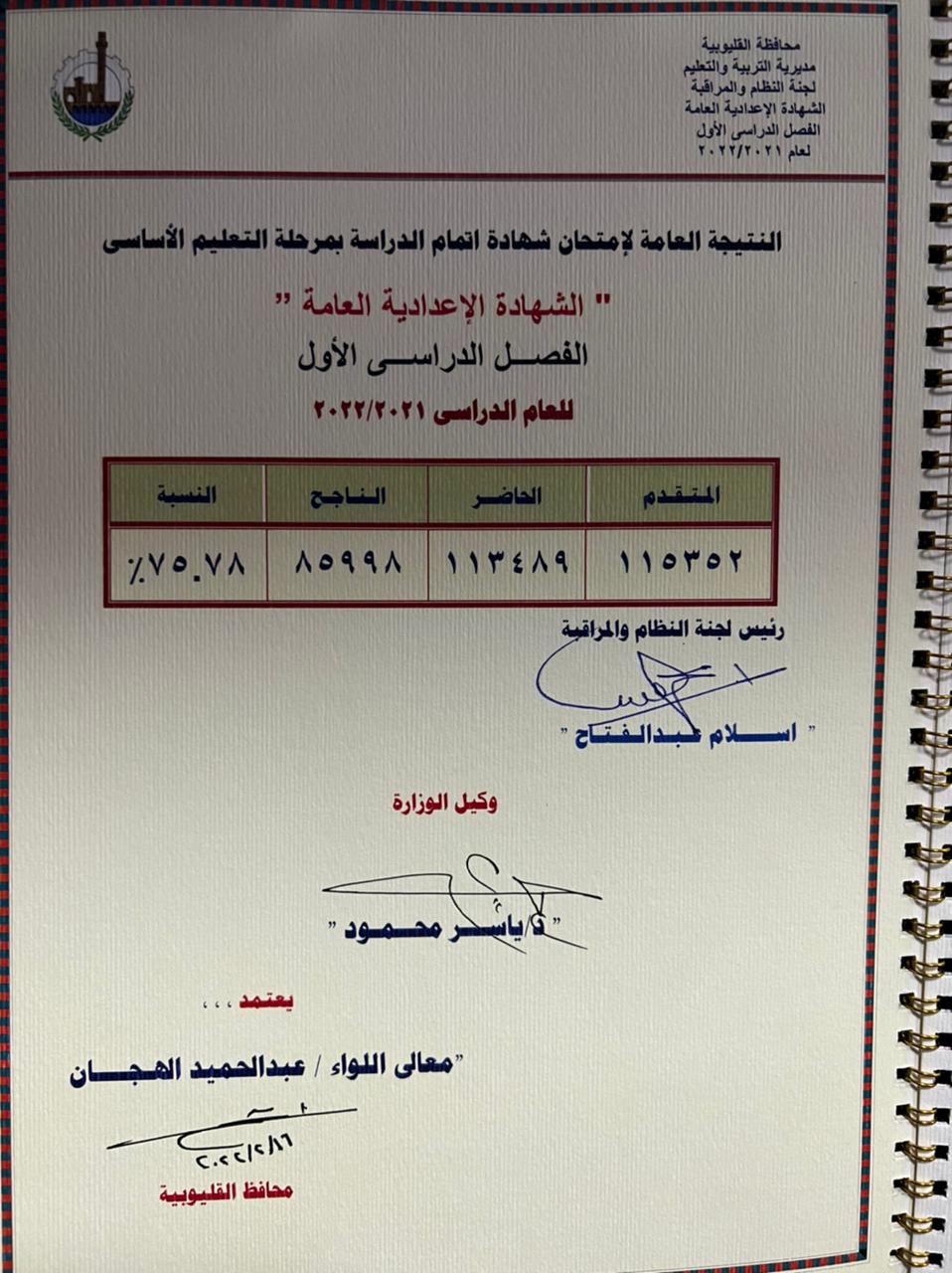 نتيجة الشهادة الإعدادية في القليوبية، من الكلمات الأكثر بحثًا خلال الساعات القليلة الماضية، بعدما اعتمد، عبدالحميد الهجان محافظ القليوبية، نتيجة الشهادة الإعدادية 2022 بنسبة نجاح 75.78%، بحضور الدكتور ياسر محمود، وكيل وزارة التربية والتعليم، اليوم، وهو ما كثف البحث عن نتيجة الشهادة الإعدادية 2022، وأعرب الهجان عن بالغ تهانيه للطلاب الناجحين في نتيجة الشهادة الإعدادية 2022. ويستعرض التقرير، نتيجة الشهادة الإعدادية في القليوبية، ونتيجة الشهادة الإعدادية 2022 في المحافظات، وذلك بعد اعتماد نتيجة الشهادة الإعدادية 2022، بنسب نجاح مختلفة لكل محافظة. نتيجة الشهادة الإعدادية في القليوبية 2022 وبحسب محافظ القليوبية، فإن عدد طلاب الشهادة الإعدادية بلغ هذا العام أن عدد المتقدمين للامتحان بلغ 115352 طالب، وطالبة وبلغ عدد الحاضرين 113489 طالب وطالبة، وبلغ عدد الناجحين 85998 طالب وطالبة بلغت 75.78%، في نتيجة الشهادة الإعدادية 2022. نتيجة الشهادة الإعدادية القليوبية رابط نتيجة الشهادة الإعدادية في المحافظات الشهادة الإعدادية محافظة القليوبية ويُمكن لطلاب الشهادة الإعدادية، الحصول على نتيجة الشهادة الإعدادية نصف العام 2021 -2022، بمحافظة القاهرة على موقع مديرية البوابة الإلكترونية من خلال الرابط التالي.. اضغط هنـــــــــــــــــــــــا رابط نتيجة الشهادة الإعدادية محافظة القليوبية للحصول نتيجة الشهادة الإعدادية القليوبية 2022.. اضغط هنـــــــــــا نتيجة الشهادة الإعدادية 2022 نتيجة الشهادة الإعدادية محافظة شمال سيناء للاستعلام اضغط هنـــــــــــــــــــا.. لمعرفة نتيجة الشهادة الإعدادية 2022 نتيجة الشهادة الإعدادية محافظة الشرقية..   اضغط هنـــــــــــــــــــا نتيجة الشهادة الإعدادية في القليوبية والمحافظات اعرف نتيجتك برقم الجلوس في نتيجة الشهادة الإعدادية 2022 رابط نتيجة الشهادة الإعدادية في المحافظات الشهادة الإعدادية محافظة الغربية استعلم عن نتيجة الشهادة الإعدادية 2022 الشهادة الإعدادية محافظة الفيوم نتيجة الشهادة الإعدادية 2022 الشهادة الإعدادية محافظة القليوبية نتيجة الشهادة الإعدادية 2022.. اضغط هنـــــــــــا الشهادة الإعدادية محافظة قنا نتيجة الشهادة الإعدادية 2022.. اضغط هنــــــــا الشهادة الإعدادية محافظة كفر الشيخ نتيجة الشهادة الإعدادية 2022.. اضغط هنـــــــــا نتيجة الشهادة الإعدادية 2022 لجميع المحافظات نتيجة الشهادة الإعدادية برقم الجلوس في جميع محافظات مصر اضغط هنــــــــا نتيجة الشهادة الإعدادية 2022 القليوبية عبر التليفون كما يمكن الحصول على نتيجة الشهادة الإعدادية نصف العام 2021 -2022 على التليفون الأرضي 09000100- والمحمول 5757 أيضا فور ظهورها. خطوات الحصول على نتيجة الشهادة الإعدادية 2022 الآن نتيجة الشهادة الإعدادية القليوبية
