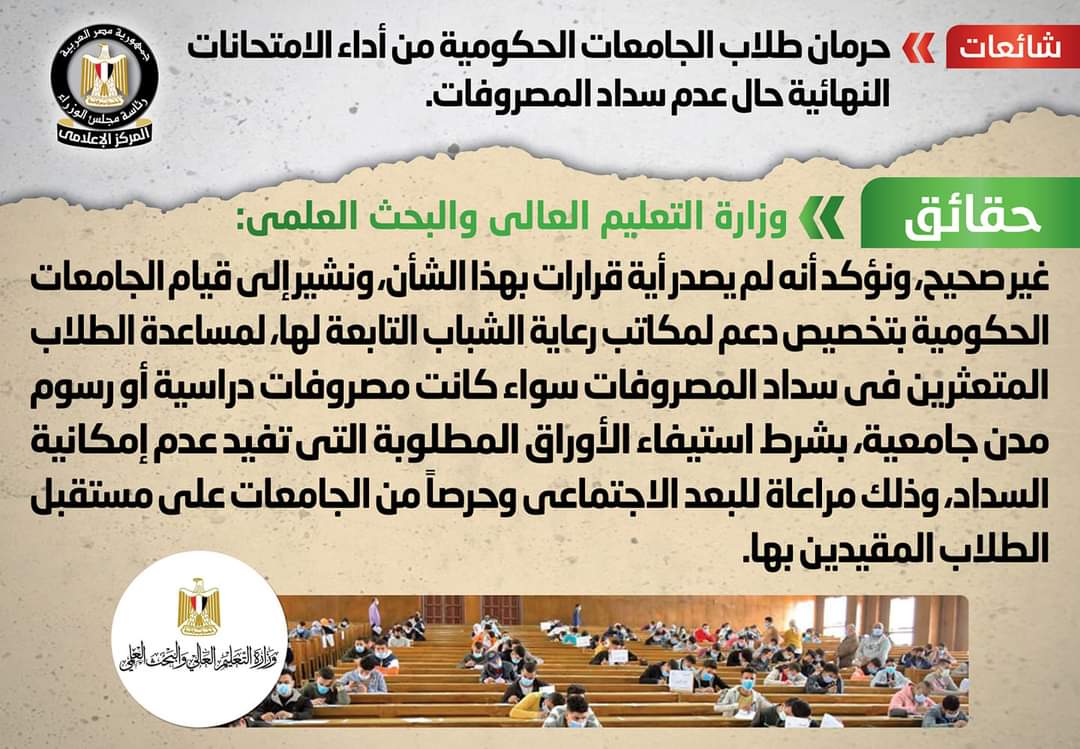 انتشر في بعض المواقع الإلكترونية وصفحات التواصل الاجتماعي أنباء بشأن حرمان طلاب الجامعات الحكومية من أداء الامتحانات النهائية حال عدم سداد المصروفات. وقام المركز الإعلامي لمجلس الوزراء بالتواصل مع وزارة التعليم العالي والبحث العلمي، والتي نفت تلك الأنباء، مُؤكدةً أنه لا صحة لحرمان طلاب الجامعات الحكومية من أداء الامتحانات النهائية حال عدم سداد المصروفات. وأنه لم يصدر أية قرارات بهذا الشأن، مُشيرةً إلى قيام الجامعات الحكومية بتخصيص دعم لمكاتب رعاية الشباب التابعة لها، لمساعدة الطلاب المتعثرين في سداد المصروفات سواء كانت مصروفات دراسية أو رسوم مدن جامعية، بشرط استيفاء الأوراق المطلوبة التي تفيد عدم إمكانية السداد، وذلك مراعاة للبعد الاجتماعي وحرصاً من الجامعات على مستقبل الطلاب المقيدين بها. وفي سياق متصل، من المقرر أن تعقد امتحانات الفصل الدراسي الثاني للجامعات 2022 خلال شهري يونيو ويوليو المقبلين، حيث جارٍ الإعداد لجداول الامتحانات، تمهيداً لإعلانها قبل موعد الامتحانات بفترة كافية، مع التشديد على تطبيق الإجراءات الاحترازية للوقاية من فيروس كورونا، والتأكيد على ضرورة الحصول على لقاح كورونا.