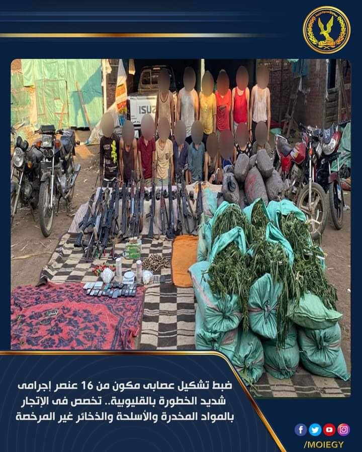نجحت الأجهزة الأمنية بمحافظة القليوبية بمشاركة قطاع الأمن العام، مدعومين بمجموعات قتالية من قطاع الأمن المركزي، في القبض على 16 عنصر إجرامي شديد الخطورة من بينهم 10 عناصر جنائية مطلوب ضبطهم فى قضية شروع فى قتل، وآخرين محكوم عليهم فى قضايا متنوعة أبرزها "سرقة بالإكراه، شروع في قتل، واتجار بالمخدرات. كان الجهات  الأمنية المسؤولة بوزارة الداخلية، قد وردت اليهاه معلومات ب اختباء عدداً من العناصر الإجرامية بإحدى مزارع الدواجن بدائرة مركز شرطة طوخ التابع لمديرية أمن القليوبية ، وبحوزتهم كمية من المواد المخدرة والأسلحة النارية والذخائر بدون ترخيص. وعقب تقنين الإجراءات، تم إستهدافهم بمأمورية ومديرية أمن القليوبية، أسفرت عن ضبطهم بالمزرعة المشار إليها وبحوزتهم (22) قطعة سلاح نارى (15 بندقية آلية - 2 بندقية خرطوش - 3 طبنجات - 2 فرد خرطوش - 46 خزينة - كمية كبيرة من الطلقات النارية مختلفة الأعيرة )، وكذا (كمية من نبات البانجو المخدر وزنت طن - 2,250 كيلو جرام لمخدر الهيروين - 500 جرام لمخدر الحشيش - 10 كيلو جرام لمخدر الهيدرو - سيارة ربع نقل - كمية كبيرة من المبالغ المالية) ، وبمواجهتهم إعترفوا بحيازتهم للمواد المخدرة بقصد الإتجار والأسلحة النارية لحماية نشاطهم الإجرامى والمبالغ المالية من متحصلات نشاطهم الإجرامى والسيارة للترويج على عملائهم، وتم إتخاذ الإجراءات القانونية.